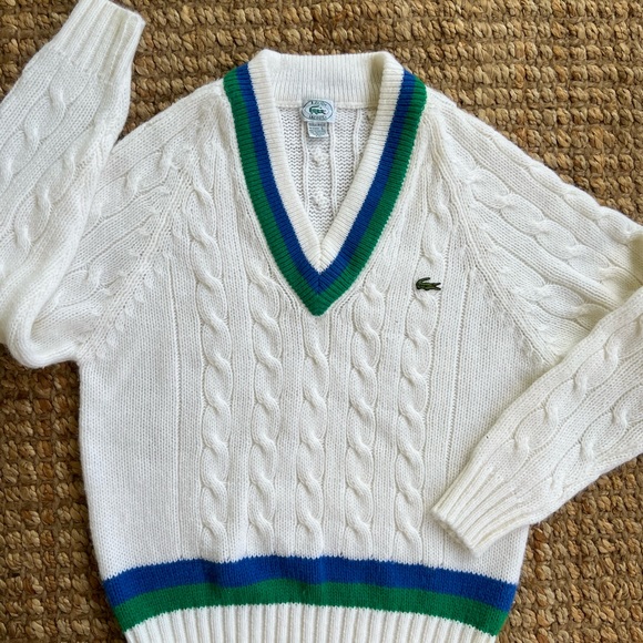 VTG Lacoste White Sweater with Green and Blue Accents